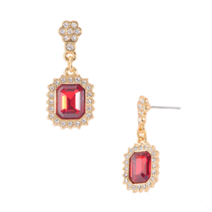 Aretes Elegantes en Baño de Oro con Cristales y Piedra Roja