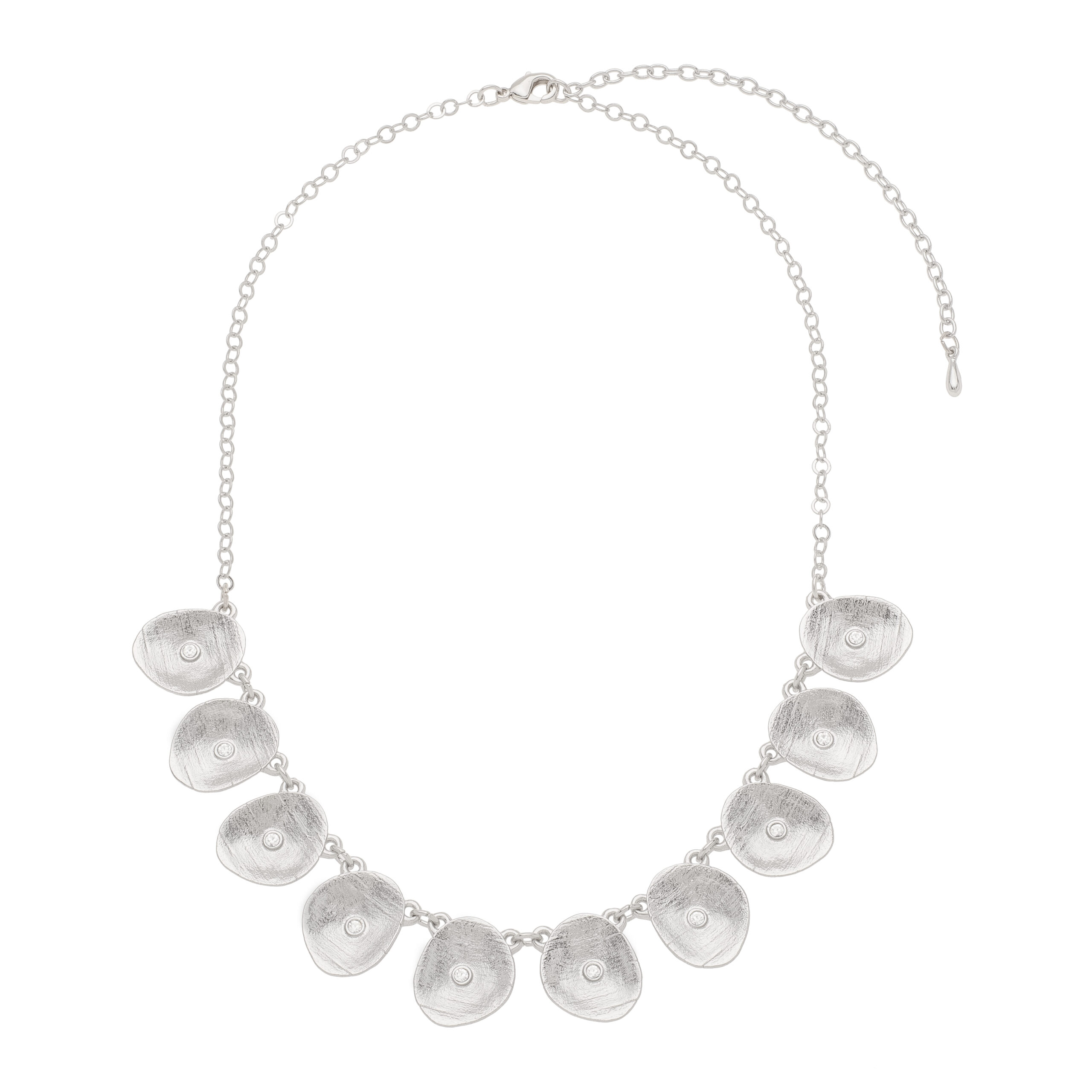 Presentamos Nuestro Sofisticado Collar en Baño de Platino de 42 cm + 10 cm de ext. con piedras color cristal